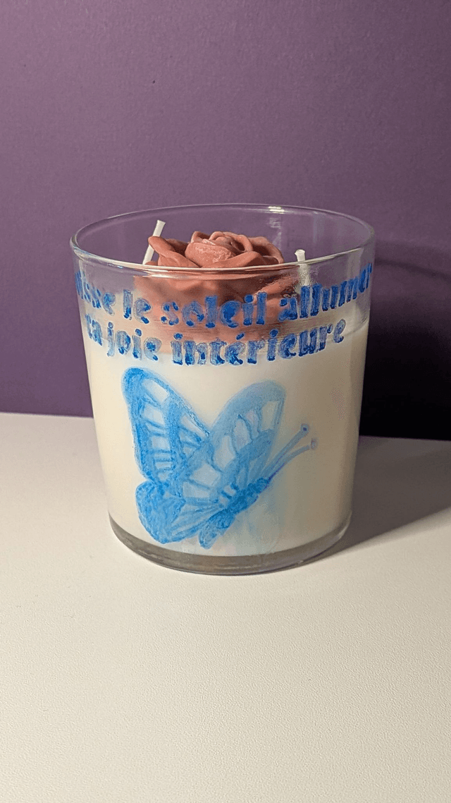 Bougie en verre Gravée "Papillon Tropical" – Rose parfum Mangue Papaye