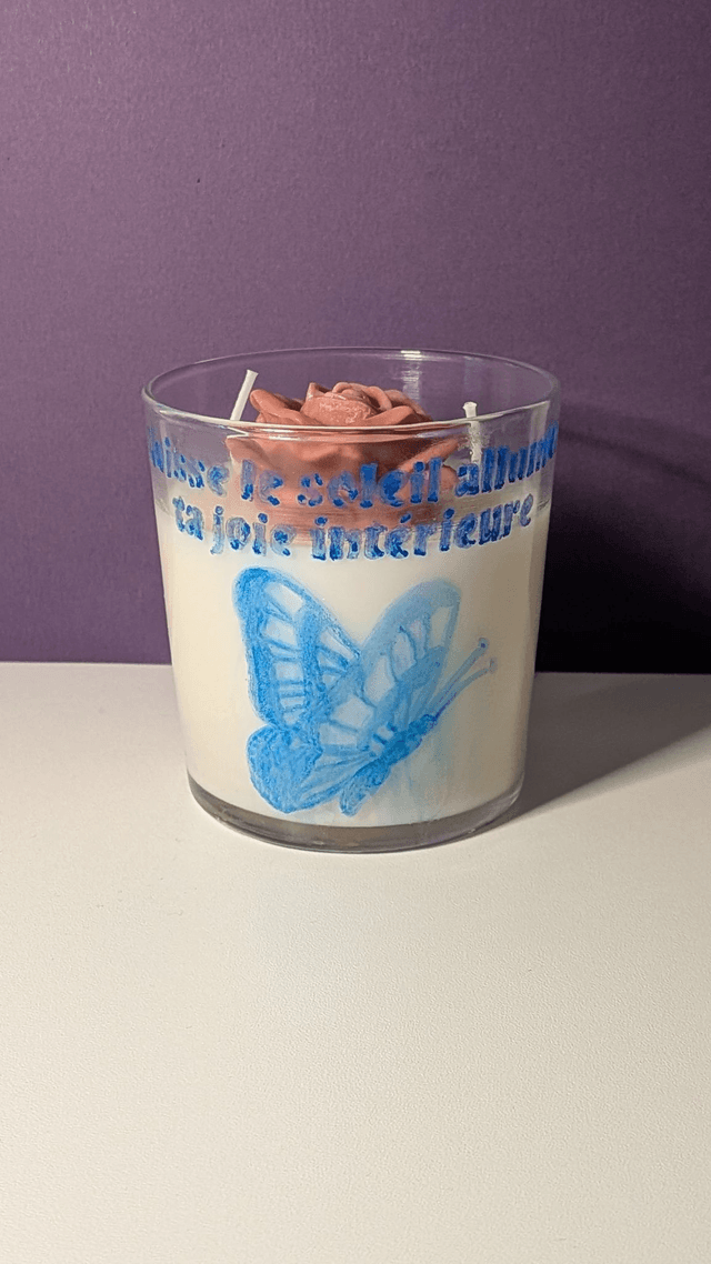 Bougie en verre Gravée "Papillon Tropical" – Rose parfum Mangue Papaye