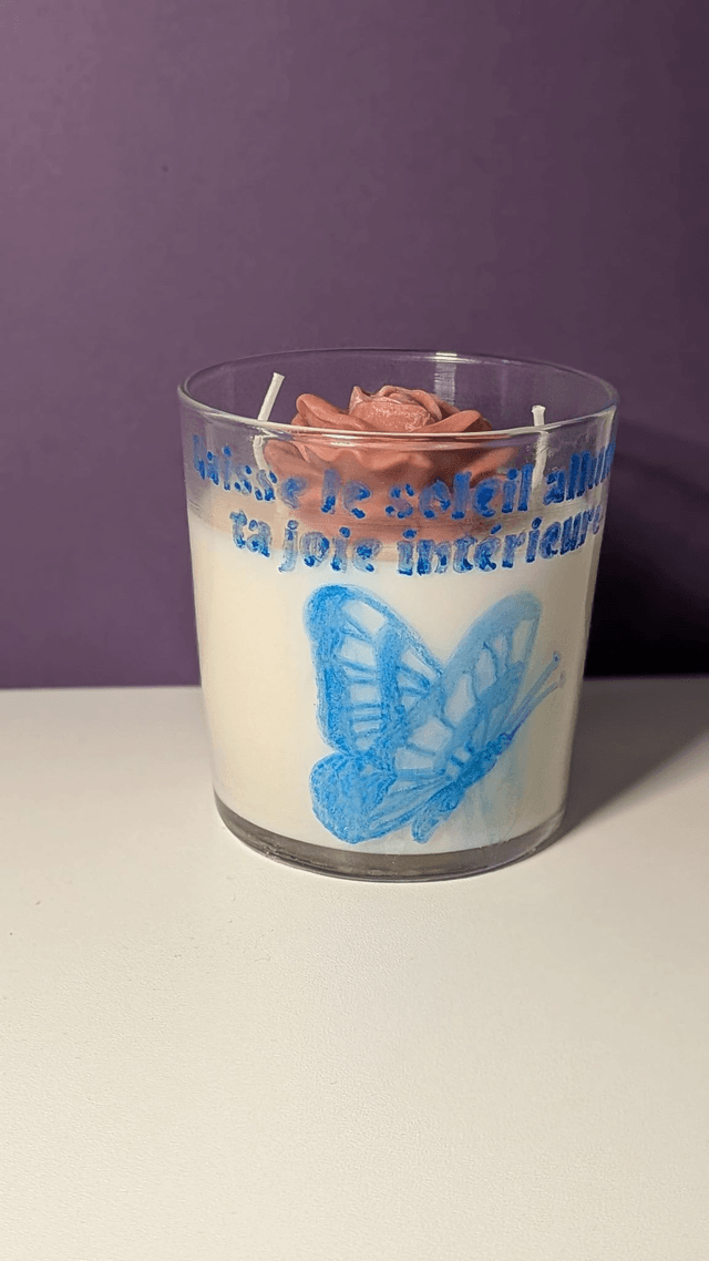 Bougie en verre Gravée "Papillon Tropical" – Rose parfum Mangue Papaye